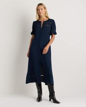 Quince Lightweight Crepe Lace Inset Deep Navy Midi Dress New Small